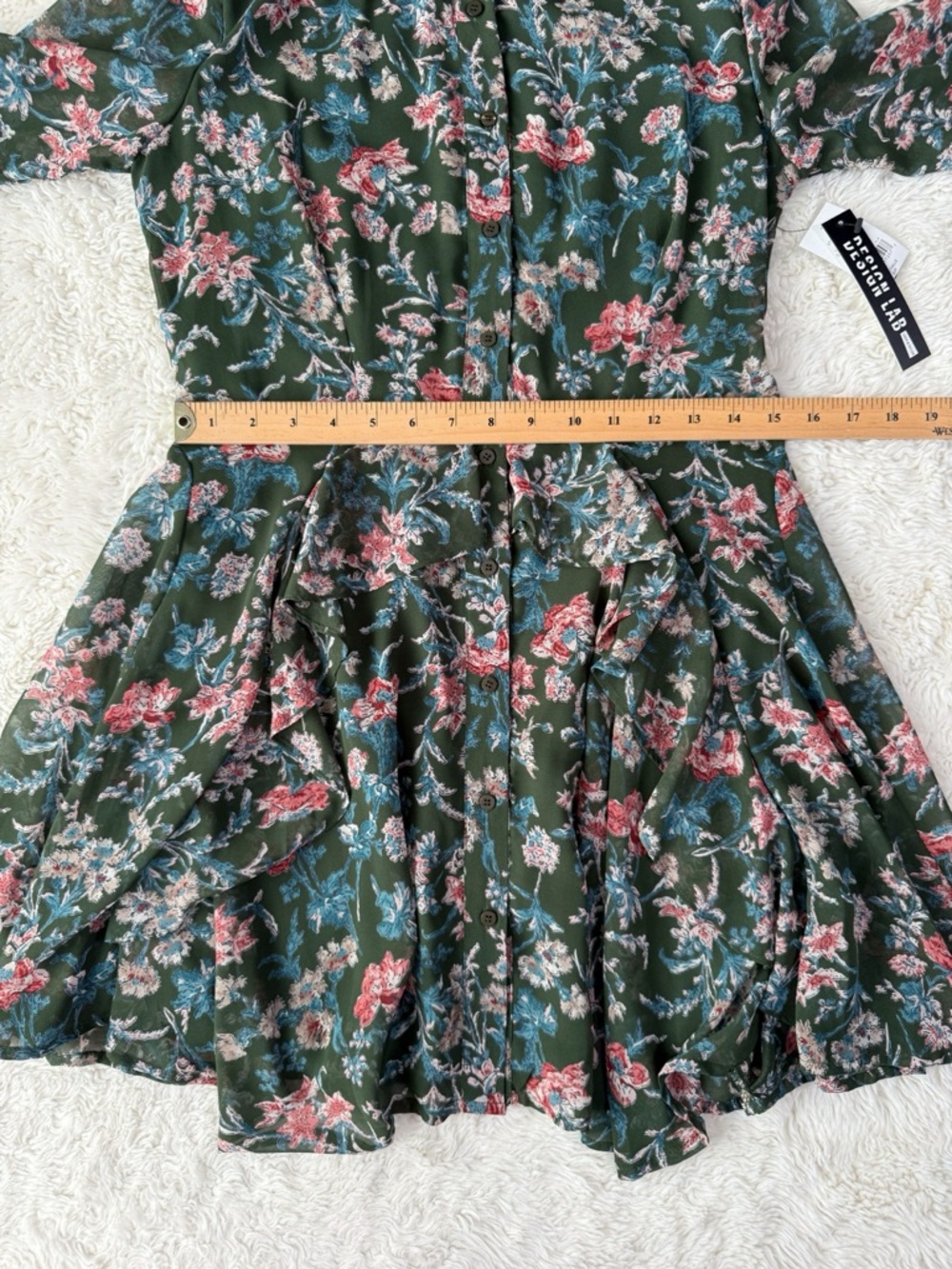 NWT Design Lab Woman Forest Green Floral Chiffon Ruffle Button Front Dress SMALL - Picture 7 of 8